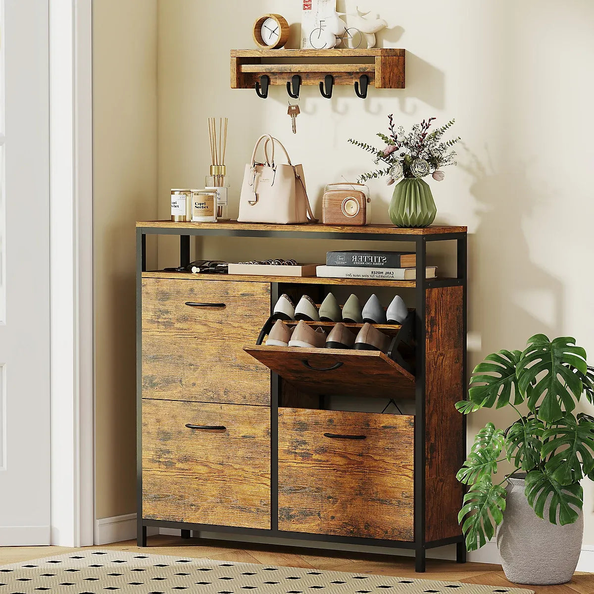 Homcom Shoe Cabinet 4 Flip Drawers Holds 20 Pairs Family-Furniture Kingdom